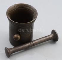 Régi bronz mozsár vas törővel, m: 9 cm, törő h: 14 cm
