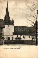 1908 Bánffyhunyad, Huedin; Fő tér, Református templom / main square, Calvinist church (ázott sarkak / wet corners)