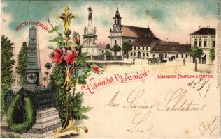 1899 (Vorläufer) Arad, Újarad, Aradul Nou; Skultéty síremlék, Római katolikus templom a főúton. Mayr Lajos kiadása / tombstone, Catholic church, street view. Art Nouveau, floral, litho (fa)