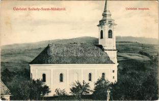 Székelyszentmihály, Székely-Szent-Mihály, Szentmihály, Mihaileni; Unitárius templom. Dunky fivérek cs. és kir. udvari fényképészek kiadása / Unitarian church (fa)