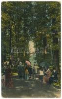 1912 Lippafüred, Lippafürdő, Baile Lipova (Temes, Timis); Kiss nyaraló, montázs vendégekkel / villa, park, montage with guests (fa)