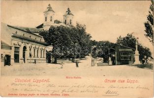 Máriaradna, Mária-Radna, Radna (Lippa, Lipova); utcakép, templom. Krivány György kiadása / street view, church + "LIPPA - TEMESVÁR 244. SZ." vasúti mozgóposta bélyegző (EK)
