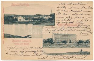 1905 Lippa, Lipova; Magyar király szálloda, Polgári és kereskedelmi iskola. Krivány György kiadása / Hotel König von Ungarn, Bürger- und Handelsschule / hotel, schools (ázott sarok / wet corner)