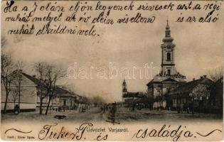 1908 Varjas, Varias; Fő utca, római katolikus templom. Eisner Gyula kiadása / Roman Catholic church, main street (fl)
