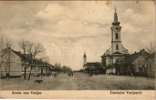 1912 Varjas, Varias; Fő utca, római katolikus templom. Gillich J. kiadása / Roman Catholic church, main street (fl)