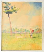 Gimes Lajos (1886-1945): A Búg partján (I. világháborús katona sírja), 1915. Akvarell, papír, jelzett, szakadt, üvegezett fakeretben, 40×30 cm