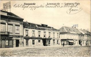 1907 Temesvár, Timisoara; Losonczy tér, Skoday Benő, Rosenthal László és Weisz Lipót üzlete, Pannónia szálloda, Temesvármegyei Gazdasági Egyesület Mezőgazdasági Szövetkezeti Központja / square, shops, hotel, agricultural cooperative center (EK)
