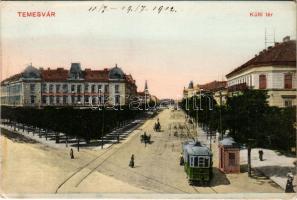 1912 Temesvár, Timisoara; Küttl tér, Kőbányai Dreher Sörcsarnok, villamos. Moravetz Testvérek kiadása / square, beer hall (r)