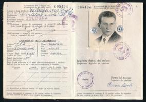 1959 Olasz Köztársaság fényképes útlevele magyar személy részére, olasz, német és amerikai bejegyzésekkel, foltos borítóval