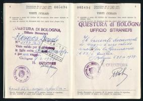 1959 Olasz Köztársaság fényképes útlevele magyar személy részére, olasz, német és amerikai bejegyzés...