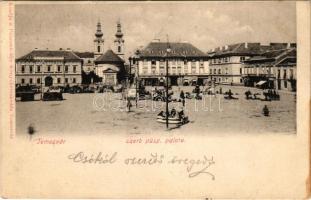 1909 Temesvár, Timisoara; Losonczy tér, szerb püspöki palota, piac, üzletek. Polatsek kiadása / square, Serbian bishop's palace, market, shops (lyukak / pinholes)