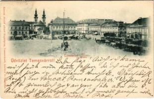 1899 (Vorläufer!) Temesvár, Timisoara; Losonczy tér, szerb püspöki palota, szálloda, piac, üzletek. Kossak József udvari fényképész kiadása / square, Serbian bishop's palace, hotel, market, shops (EK)