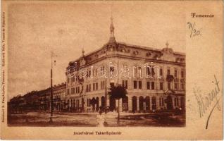 1900 Temesvár, Timisoara; Józsefvárosi Takarékpénztár, Párisi Nagy Áruház. Bernhard E. fényképész, Králicsek Béla kiadása / savings bank, shop + "TEMESVÁR - ARAD 93. SZ." vasúti mozgóposta bélyegző