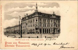 1899 (Vorläufer!) Temesvár, Timisoara; Kossuth Lajos utca, Takarékpénztár, Párisi Nagy Áruház, üzletek. Moravetz Gyula kiadása, Atelier Friedmann M. / street view, savings bank, shops + "GYŐR ÁLLAM P.U." + "TEMESVÁR KÉZBESÍTŐHIVATAL" (EK)