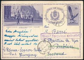 1942 16f díjjegyes levelezőlap Dublinba, "Vissza! Forgalom szünetel."