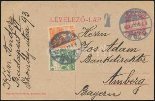 1920 Díjjegyes levelezőlap 50f díjkiegészítéssel Németországba