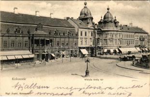 1903 Kolozsvár, Cluj; Mátyás király tér, Böckel, Jeney Lajos, Reményik L. és Fiai üzlete. Rigó Árpád kiadása / square, shops