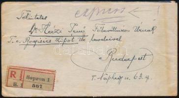 1921 Ajánlott expressz levél Sopronból Budapestre 6 db bélyeggel
