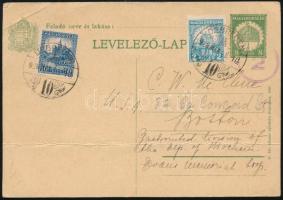 1928 Díjjegyes levelezőlap 2 bélyeges kiegészítéssel Bostonba
