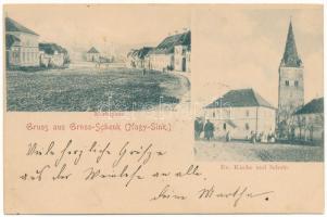 1900 Nagysink, Gross-Schenk, Cincul Mare, Cincu; Marktplatz, Ev. Kirche und Schule / Piactér, Evangélikus templom és iskola / market square, Lutheran church and school (fl)