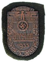 Német Harmadik Birodalom 1933. "NSKK (Nationalsozialistisches Kraftfahrkorps) - Sternfahrt Breslau - 10. September 1933 (Nemzetiszocialista Motoros Hadtest - Boroszlói/Wroclawi gyűlés - 1933. szeptember 10.)" bronz túrajelvény (65x90mm) T:XF German Third Reich 1933. "NSKK - Sternfahrt Breslau - 10. September 1933 (National Socialist Motor Corps - Rally Wrocław - September 10, 1933)" bronze tour badge (65x90mm) C:XF