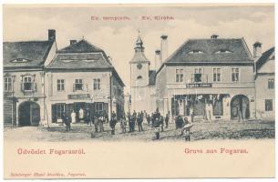Fogaras, Fagaras; Evangélikus templom, C. Chiba, Adrian Furgal üzlete. Szinberger Manó kiadása / Lutheran church, shops