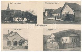 1917 Ördöngösfüzes, Fizesu Gherlii; Református templom, Állami iskola, Jegyzői lak, Wertheimer Béla üzlete és saját kiadása / Calvinist church, school, notary, publisher's shop (EK)