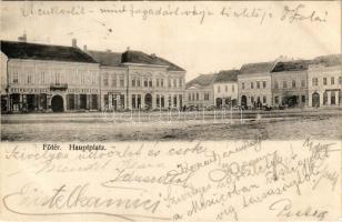 1907 Fogaras, Fagaras; Fő tér, Heinrich Schul, J. Jaros üzlete, szálloda, piac / Hauptplatz / main square, shops, hotel, market (EK)