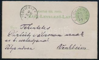1890 3kr díjjegyes zárt levelezőlap "FEGYVERNEK"