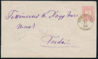 1880 5kr díjjegyes boríték "TOROCZKÓ / ERDÉLY"