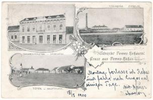 1900 Temesrékas, Temes-Rékás, Recas; Téglagyár, Takarékpénztár, Fő tér. Szecessziós-virágos keret / Ziegelei, Sparcasse, Hauptplatz / brickyard, brick factory, savings bank, main square. Art Nouveau, floral frame (gyűrődés / crease)