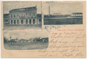 1899 (Vorläufer) Temesrékas, Temes-Rékás, Recas; Téglagyár, Takarékpénztár, Fő tér. Szecessziós-virágos keret / Ziegelei, Sparcasse, Hauptplatz / brickyard, brick factory, savings bank, main square. Art Nouveau, floral frame (vágott / cut)