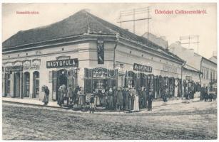 1911 Csíkszereda, Miercurea Ciuc; Kossuth utca, illatszertár, Europa szálloda, Nagy Gyula és Merza Rezső üzlete. Szvoboda József kiadása / street, hotel, shops + "GYIMES - BRASSÓ 246. SZ." vasúti mozgóposta bélyegző (ragasztónyomok / glue marks)