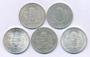 1926-1939. 1P Ag (5xklf) teljes sor! T:AU-VF közte patina, kis ph, kis karc Adamo P6