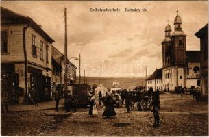 1915 Székelyudvarhely, Odorheiu Secuiesc; Batthyány tér, templom, piac, üzletek. Zabolai Székely Dénes kiadása / square, church, market, shops (r)