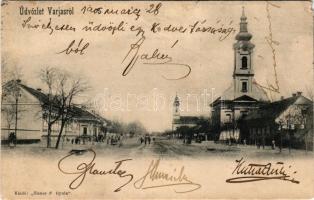 1905 Varjas, Varias; Fő tér, templom. Elsner F. Gyula kiadása / main square, church (b)