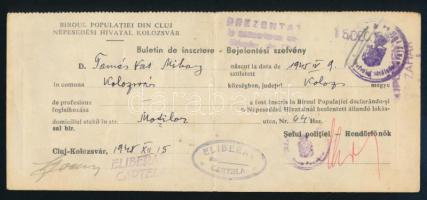 1945 Cluj/Kolozsvár, népesedési bejelentési szelvény