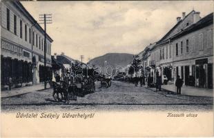 1907 Székelyudvarhely, Odorheiu Secuiesc; Kossuth utca, Bogdán és Fia üzlete, automobil. Monori József kiadása / street, shops, automobile