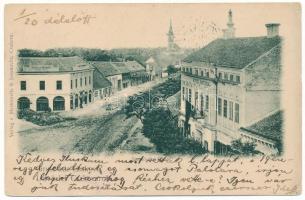 1901 Csák, Csákova, Ciacova; Serbische Gasse. Verlag Mesterovits &amp; Jovanovits / Szerb utca, Csákovai Népbank, szálloda / street, bank, hotel (EM)