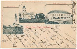 1902 Margitta, Marghita; Református templom, Római katolikus templom és iskola, Mölk apátság kastélya, Henger Victor üzlete és saját kiadása / Calvinist church, Catholic church and school, abbey castle, publisher's shop (EK)