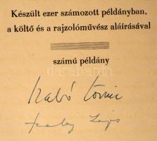 Szabó Lőrinc - Szalay Lajos: Tizenkét vers - Tizenkét rajz. Számozatlan példány, a szerző, Szabó Lőrinc (1900-1957), és a művész, Szalay Lajos (1909-1995) autográf aláírásával ellátott példány! Bp., 1943, Singer és Wolfner (Hungária-ny.), 64+(4) p. Kiadói illusztrált félvászon-kötés, kopott, foltos borítóval, sérült gerinccel.