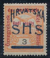 SHS 1918 Hadisegély 3f próbanyomat Certificate: Zrinjscak Signed: Bodor