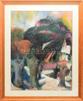 Kovács Sándor (1914-): Színes táj. Vegyes technika, papír. Jelzett. Üvegezett fakeretben. 51×39 cm