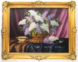 Petky Sándor (1917-2005): Csendélet, 1973 előtt. Olaj, vászon. Jelezve jobbra lent. Dekoratív, sérült fakeretben. 60×80 cm