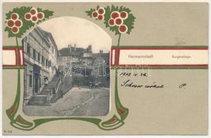 1903 Nagyszeben, Hermannstadt, Sibiu; Várlépcső. Szecessziós litho keret. Carl F. Jickeli kiadása / Burgerstiege / castle staircase. Art Nouveau, floral