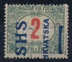 SHS 1918 Portó 2f fordított fekvő, eltérő Arató típusú, halványan kettős felülnyomással Certificate: Zrinjscak Signed: Bodor