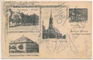 1912 Temesság, Saágh, Sag; Gemeindehaus, Bahnstation, Kirche, General Obert-Villa / községháza, vasútállomás, templom, Obert vezérlak, villa. Dajkovits J. utóda kiadása / town hall, railway station, church, villa. Art Nouveau, floral (apró szakadás / tiny tear)