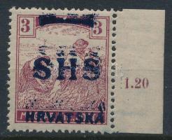 SHS 1918 Arató 3f kettős felülnyomással, ívszéli jelzéssel Certificate: Zrinjscak Signed: Bodor