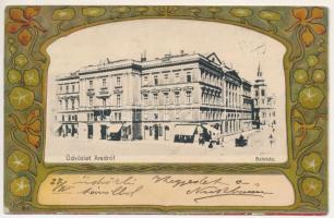 1903 Arad, Színház, bazár, üzletek, temetkezési intézet. Réthy L. és Fia kiadása, szecessziós-virágos litho keret / theatre, bazaar, shops, funeral company. Art Nouveau, floral litho frame (kopott sarkak / worn corners)