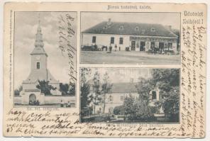 1904 Zsibó, Jibou; Református templom, Báró Wesselényi Béla kastélya, Merza Testvérek üzlete és saját kiadása. Kalmár M. fényképész felvétele után / Calvinist church, castle, publisher's shop (b)